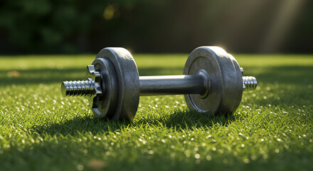 Single dumbbell placed on fresh green grass with natural sunlight, symbol of outdoor fitness and healthy living, clean minimal composition, no humans.