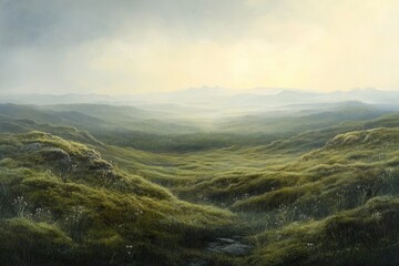Naklejka premium Serene landscape of rolling green hills and distant mountains under a soft, hazy sky.