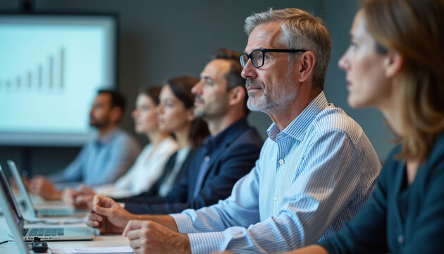 Professionals attend business training session in office boardroom. Diverse group of people listen intently, laptops open. HR manager leads discussion near projector screen. Teamwork, corporate - Powered by Adobe