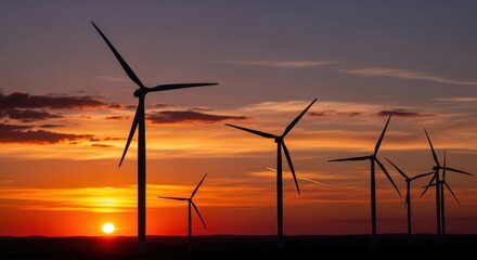 Obraz premium Majestic Wind Turbines Silhouetted Against a Dramatic Sunset Sky
