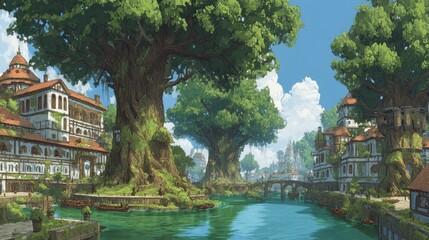 Enchanting riverside town with ancient trees blends nature and architecture seamlessly