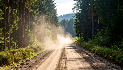 Dusty forest road, sunlight through trees