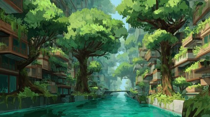 Lush green cityscape featuring verdant trees intertwining with modern buildings