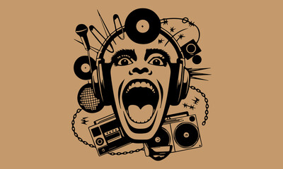 Retro Punk Hip-Hop Collage Illustration with Music and Grunge Elements