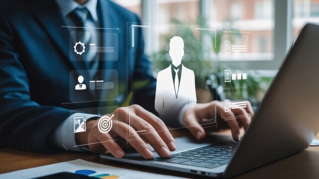 Digital Recruitment in Focus: A suited individual diligently navigates a laptop, their fingers dancing across the keyboard. Augmented reality overlays hint at the digital frontier of recruitment. - Powered by Adobe