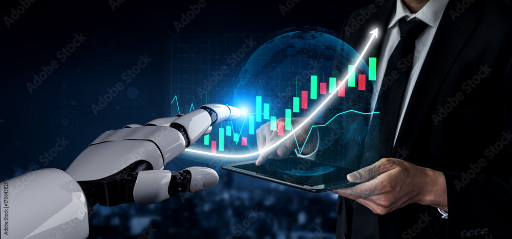 Poster a robotic hand reaches out to interact with a businessman holding a tablet displaying digital data a