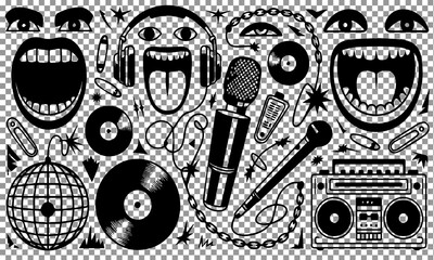 Retro Punk Hip-Hop Collage Illustration with Music and Grunge Elements