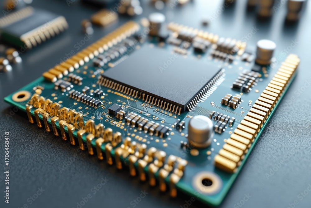 Poster close-up of a circuit board with a central processor and gold connectors.