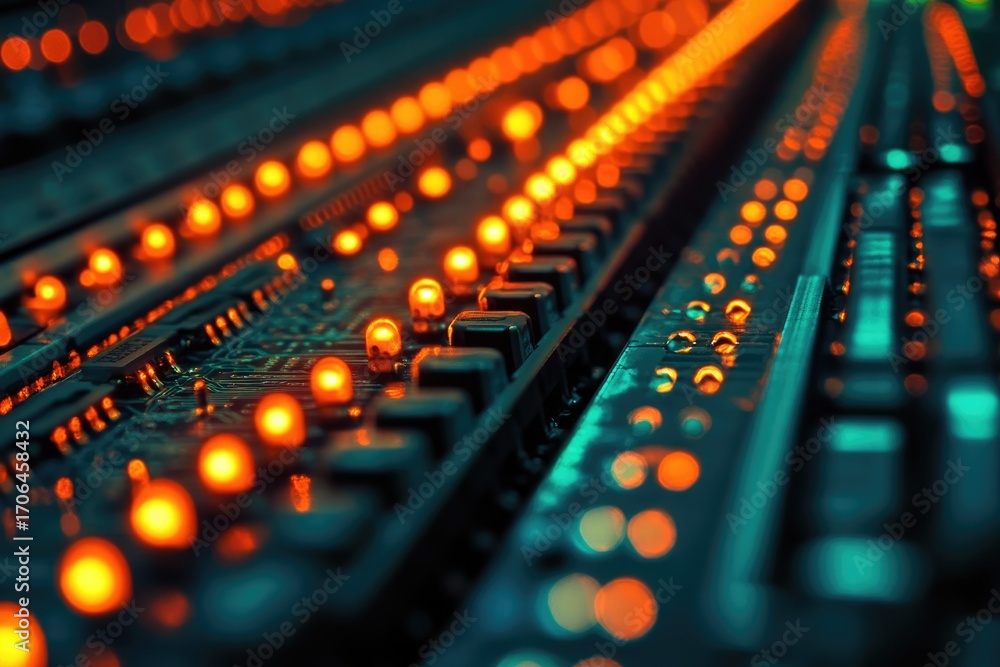 Poster close-up of illuminated circuit board showcasing intricate electronic components and glowing leds.