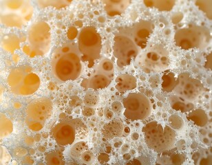 Close-up of a light beige, porous substance with many round holes