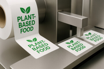 Plant based food label on roll being printed in factory plant production processed for packaging and branding showing green leaf logo and sustainable product messaging