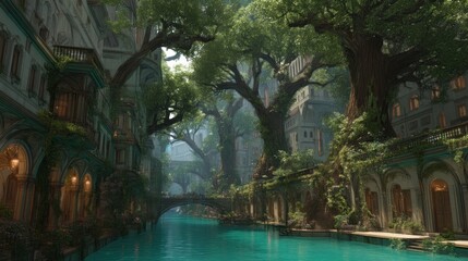 Enchanting Emerald City: A fantastical cityscape blending architecture with lush greenery along a