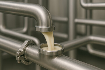 Food production processed plant based factory pipeline pouring milk into stainless steel tank creating smooth creamy liquid flow with metal pipework and sanitary fittings