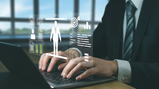 Navigating the Digital Realm: A sharply dressed individual, with focused intensity, navigates a digital interface, representing the modern blend of technology and professional life.