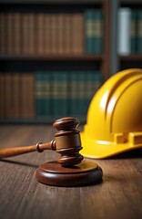 Wooden gavel, yellow construction hard hat on judge bench, symbolizing justice decisions, labor law. Represents legal rulings impacting workers, industry, court cases, workplace safety regulations.