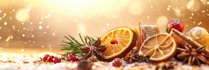 A festive arrangement of dried orange slices, pine branches, star anise, and red berries on a snowy surface with a warm, glowing background, horizontal banner, copy space, free space for text