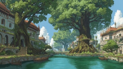 Enchanting riverside town with ancient trees and charming architecture evoking fantasy worlds