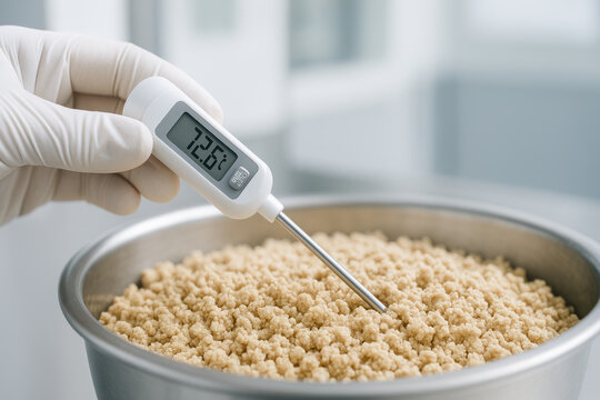 Food production processed plant based factory quality check with technician measuring temperature of grain like textured protein in stainless bowl ensuring safe food handling and precise monitoring