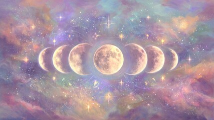 Moon phases illustration amidst a colorful, dreamlike celestial landscape background