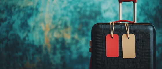 Black suitcase with tags teal background travel concept