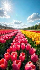 Vibrant rows of tulips stretch to the horizon, a breathtaking display of color and texture under a bright spring sky Perfect for spring, nature, and floral themes , landscape, scenic view, sky