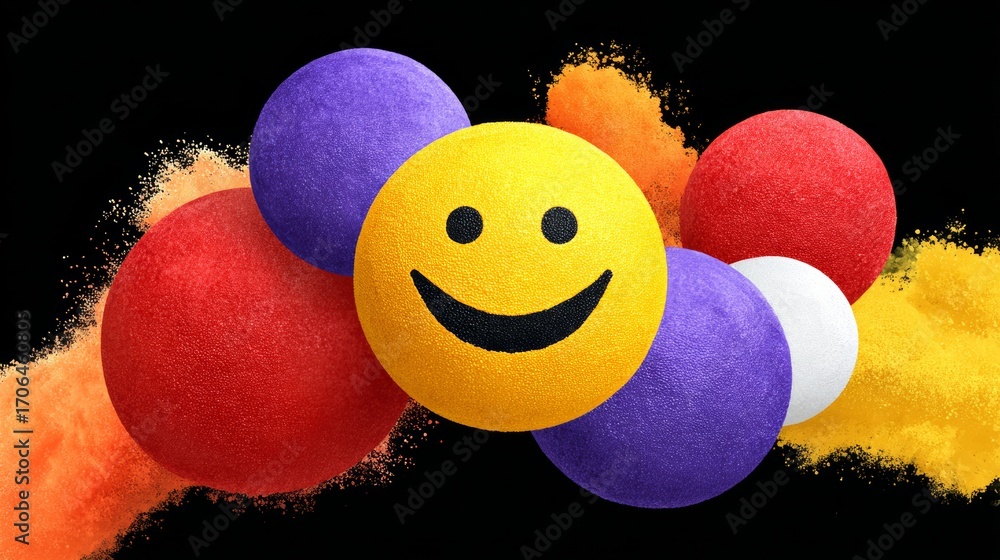 Poster bunch of colorful balls with a smiling face in the middle. the balls are arranged in a way that they