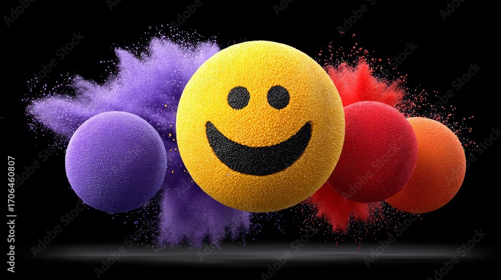 Poster group of colorful balls with a smiling face in the middle. the balls are arranged in a way that they