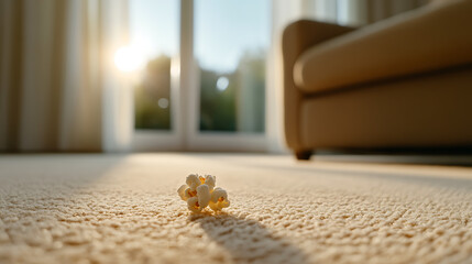 Popcorn on the carpet: close-up of a fallen treat in a cozy living room with sunlight streaming through the window. Indoor comfort concept.