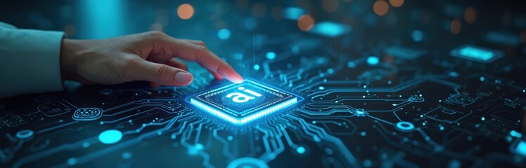 Futuristic AI interface with glowing circuits, hand interacting with central processor chip. Digital document automation, control visualized through abstract connections, data flow. Represents