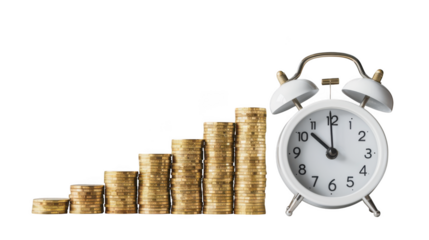 A white alarm clock sits next to a rising stack of gold coins, isolated on transparent background