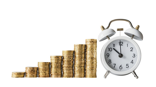 A white alarm clock sits next to a rising stack of gold coins, isolated on transparent background