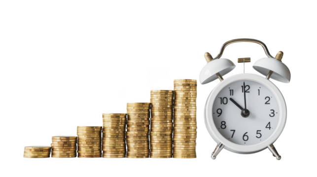 A white alarm clock sits next to a rising stack of gold coins, isolated on transparent background