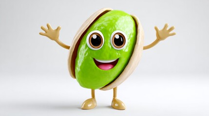 Cartoon character made of green and yellow nuts is smiling and waving. The character is a representation of a peanut