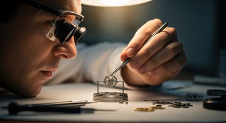 Side view of a horologist using magnification goggles to inspect the precision fit of a tourbillon cage during hand assembly.