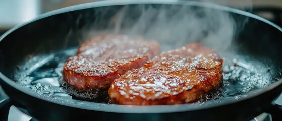 Fototapeta premium Cooking steaks in pan with steam