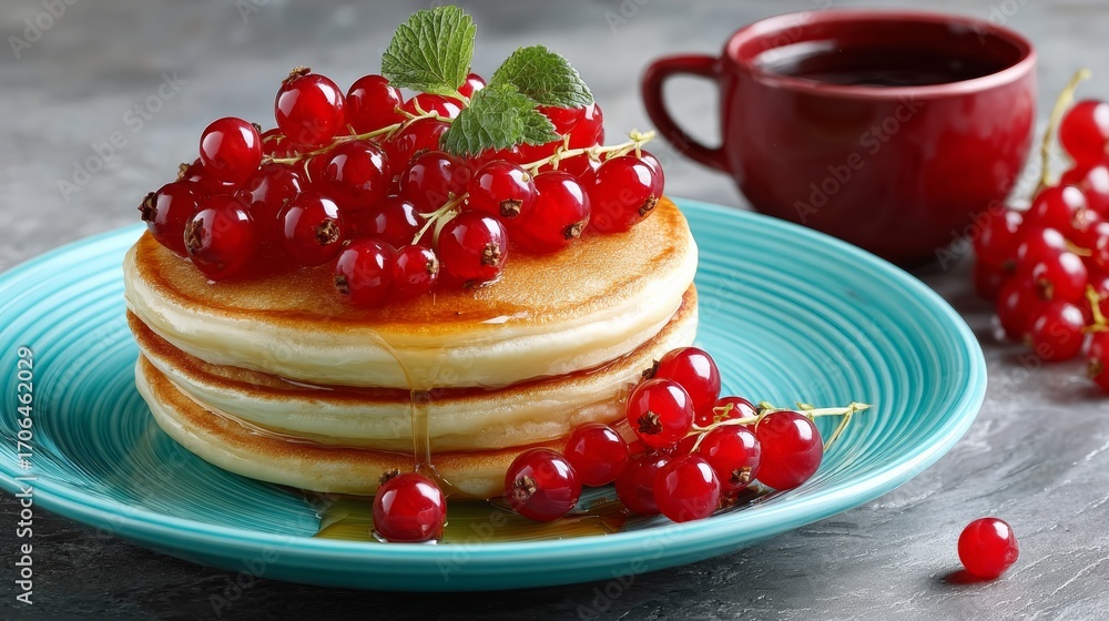 Poster stack of pancakes with berries on top and a cup of tea. scene is warm and inviting