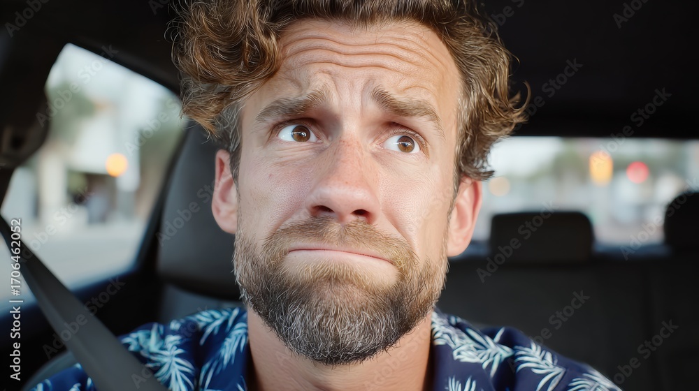 Poster man with a beard and a mustache is sitting in a car and looking at the camera. he is in a state of c