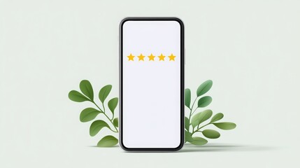 E-commerce Smartphone displaying five stars surrounded by green leaves, symbolizing positive reviews and eco-friendliness.