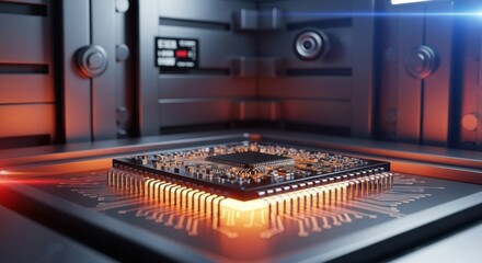 Macro shot of a microchip embedded in a secure vault environment undergoing burnin phase for cryptographic hardware validation.