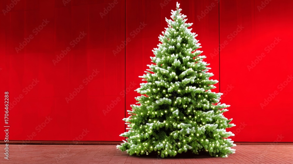 Poster christmas tree is lit up and standing in front of a red wall. the tree is the main focus of the imag