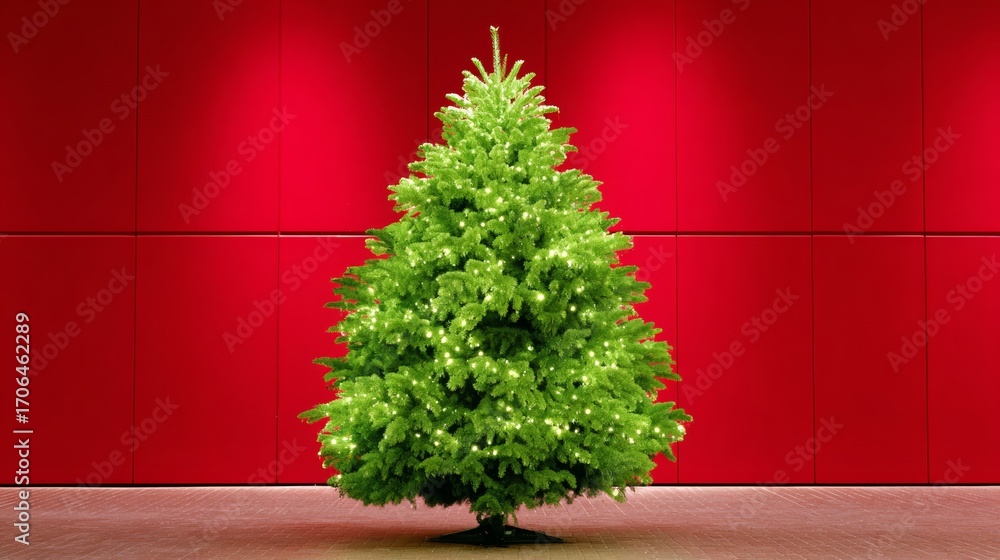 Poster green christmas tree with lights on it is standing in front of a red wall. the tree is the main focu