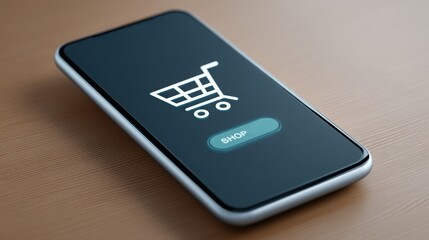 E-commerce Mobile phone displaying a shopping cart icon on a wooden surface.