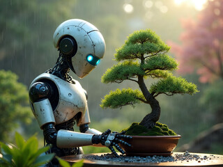 Intelligent Robot Tending to a Delicate Bonsai Tree in the Rain, Showcasing a Blend of Nature and Advanced Technology