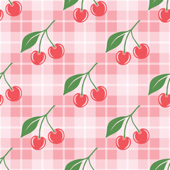 Vector Seamless Pattern with Cutout Cherry. Single, Pair of Cherries and Cluster of Cherries with Leaves , Repeated Print. Cherry Art, Design Template, Vector Illustration