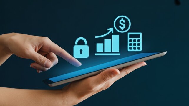 Financial Security and Growth: A person interact with a tablet featuring icons that represents financial security and growth.