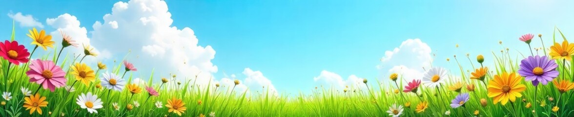 Vibrant summer scene featuring lush green grass, a bright blue sky, and colorful flowers in full bloom Perfect for summer themes, travel brochures, or seasonal advertising , grass, sky, flora