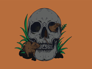 Skull with Cat Emerging from Mouth and Eye | Creepy Gothic Horror Tattoo Illustration