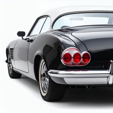 Elegant black and white vintage car featuring chrome detailing and iconic taillights on white background