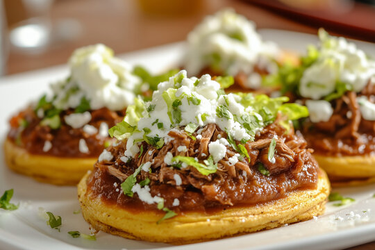 Traditional Mexican sopes made from thick corn masa cakes topped with refried beans, fresh vegetables, and cheese. Authentic street food favorite.