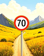Road sign with speed limit 70 in a golden field